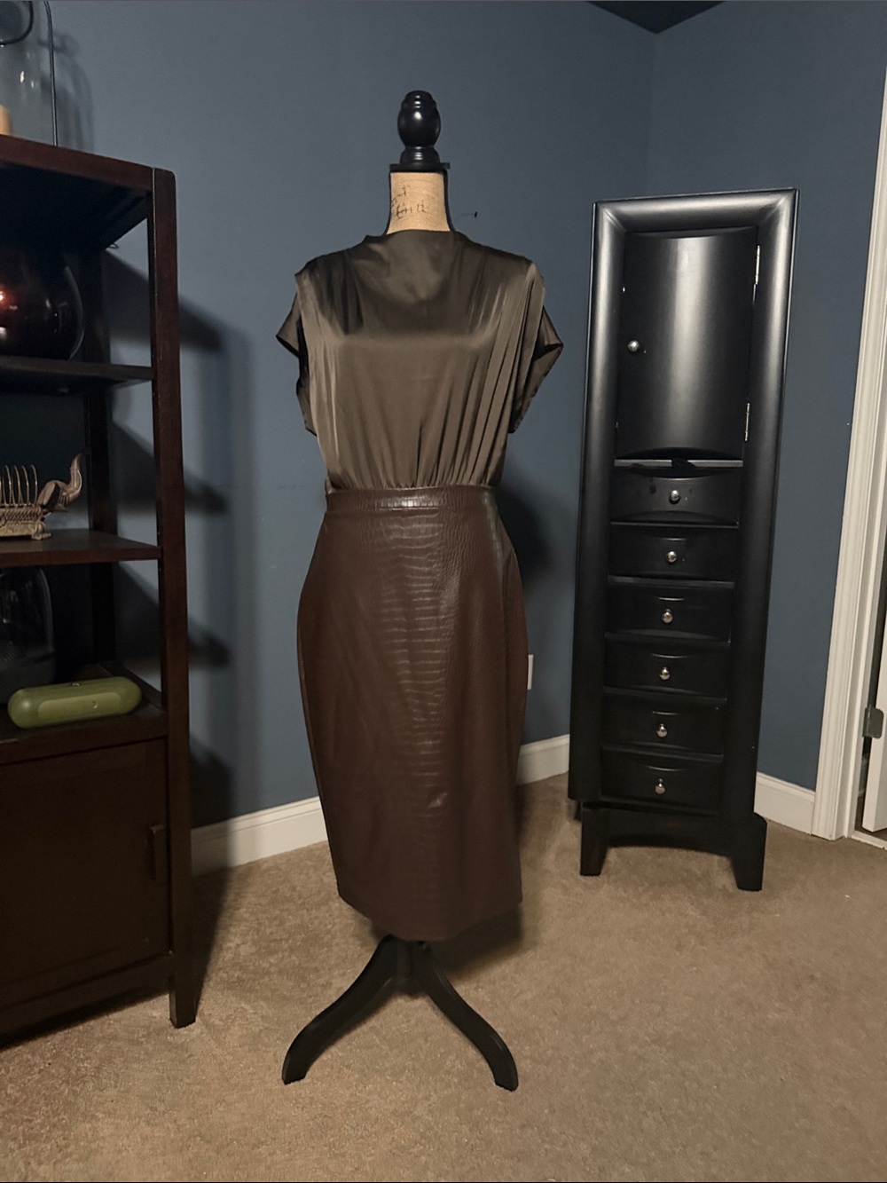 Express Brown Faux-Leather Pencil Skirt with High Waist